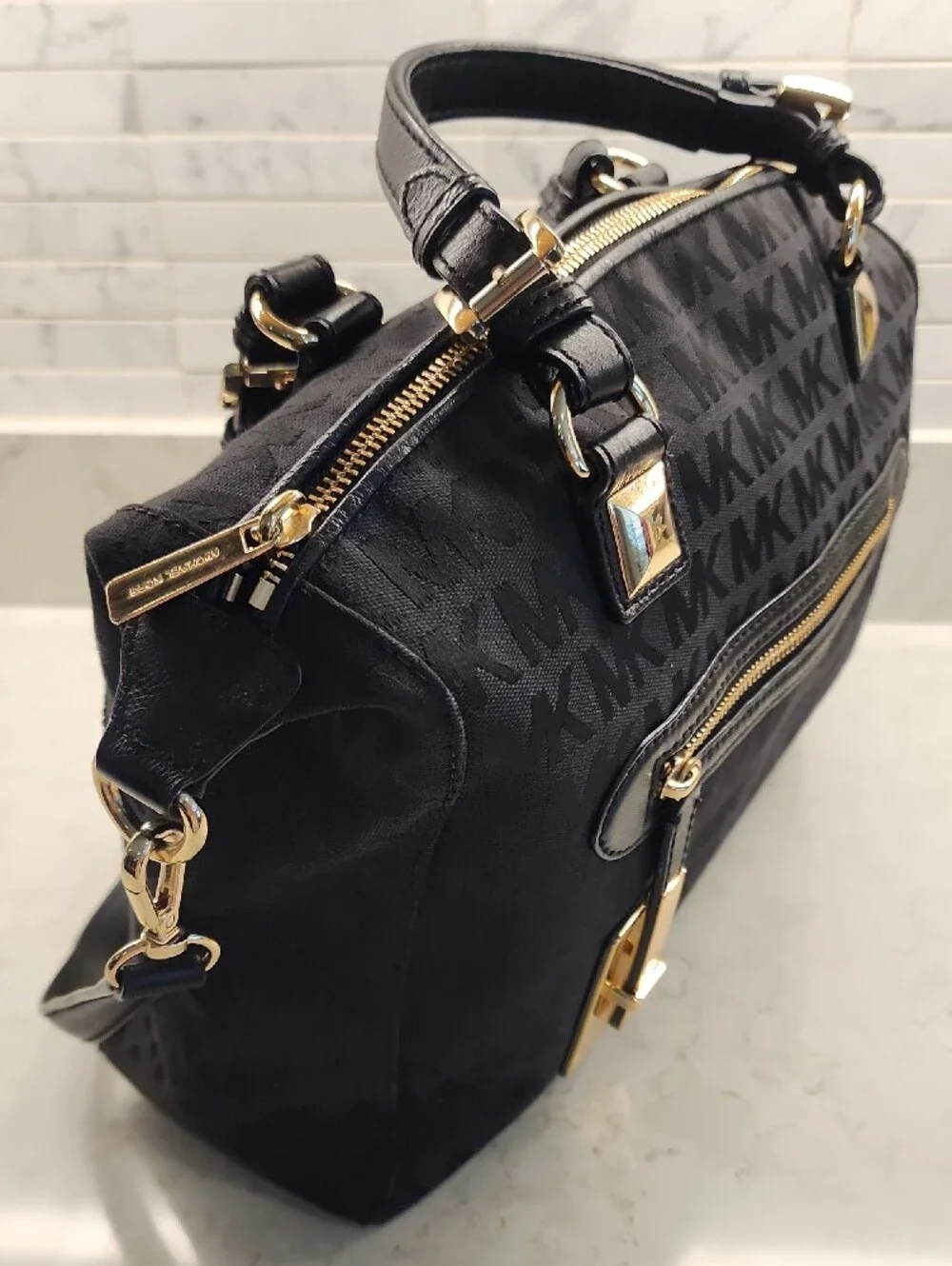 Michael Kors Black MK Logo Satchel with Gold Hardware
